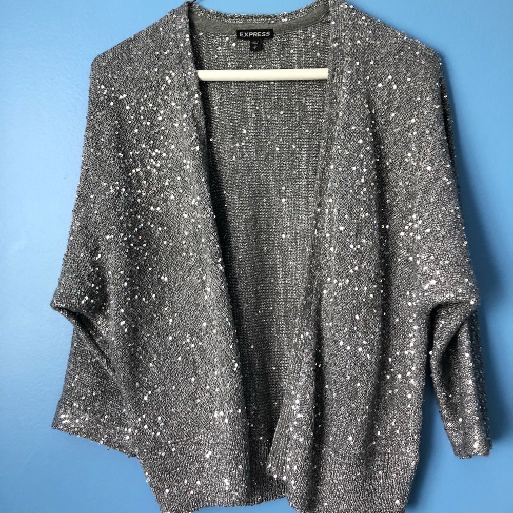 Express Gray and Silver Sequin Cardigan